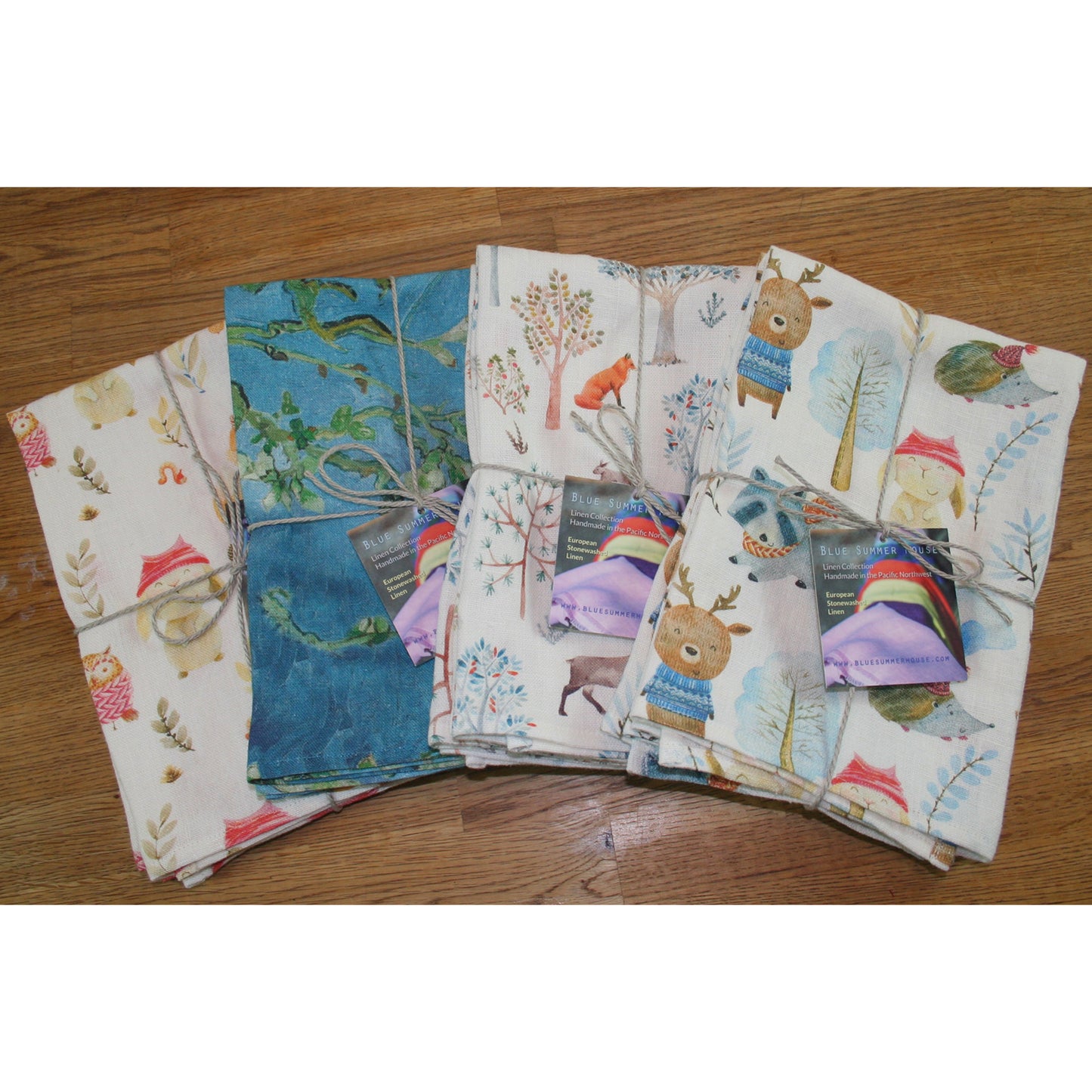 Blue Winter Woodland Print Luxury Linen Napkins – Set of 2