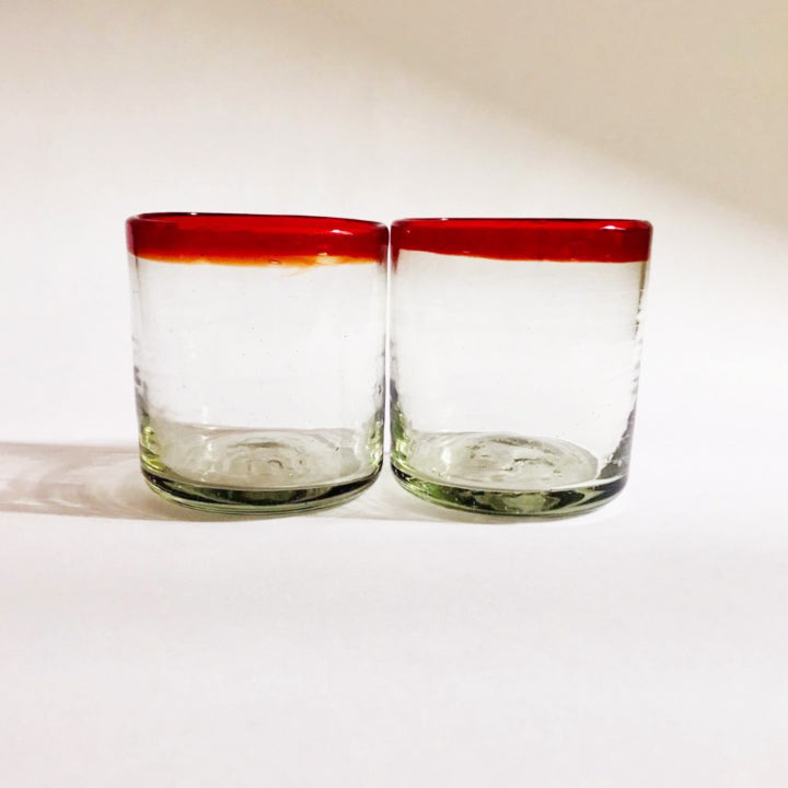 Hand-blown Tumblers, Ruby Red Rim – Set of 2